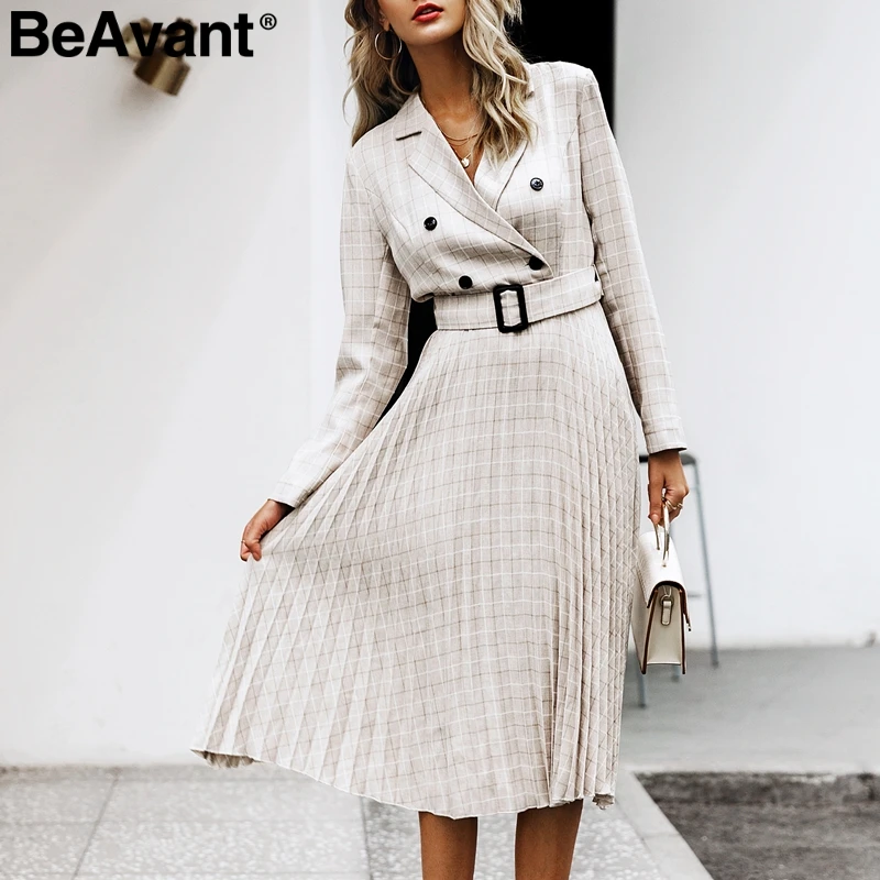 BeAvant, двубортное офисное платье, для женщин, элегантное, ТРАПЕЦИЕВИДНОЕ, с поясом, в клетку, блейзер, платья для женщин, с длинным рукавом, плиссированное, для девушек, vestidos