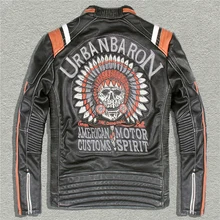 URBANBARON, мужская кожаная мотоциклетная куртка в стиле панк с вышивкой черепа, винтажная Черная куртка из натуральной кожи, Мужская байкерская куртка