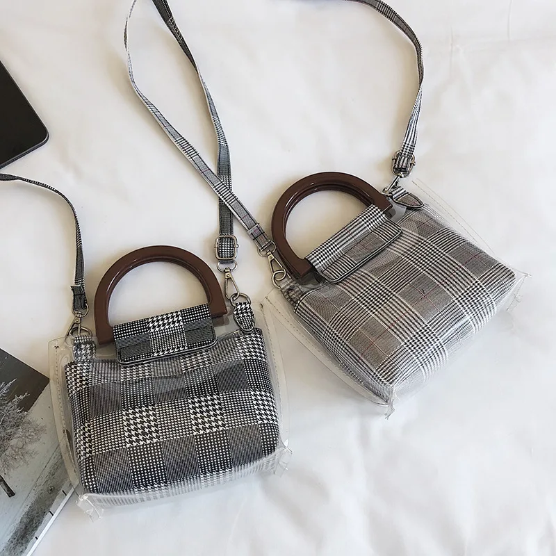 

Bag Women's 2019 New Style Korean-style Transparent Gel Bag Plaid Bucket Hand Oblique Shoulder Bag