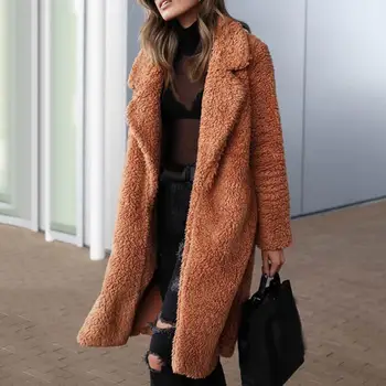 

Fashion Women Winter Solid Color Long Sleeve Lapel Thickened Cardigan Long Coat