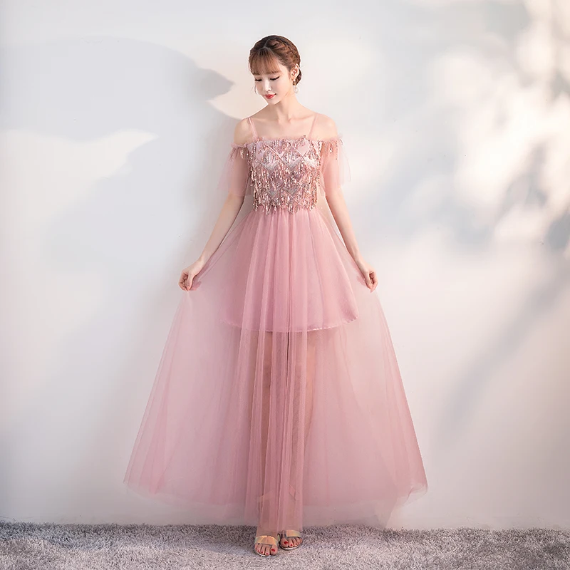 

Pink Bridesmaid Dress Plus Size Tulle Sequin Dress Prom Azul Royal Boat Neck A-Line Long Prom Sexy Party Dress Sister Elegant