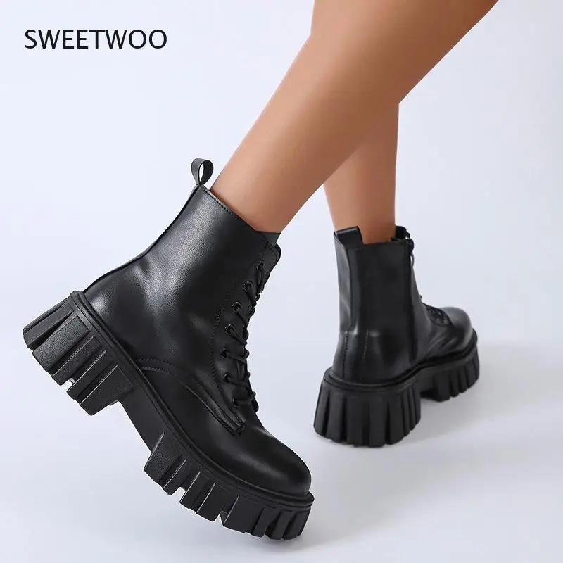 2021 new woman ankle boots white PU leather thick sole lace up combat boots female autumn winter platform shoes woman