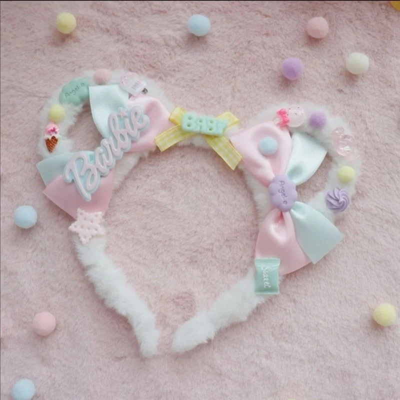 

Original Hand-Made Cream Dessert Lolita Hairband Sweet Bear Ears KC Hair Accessories Pink Blue Bow Headdress Cosplay Headwear