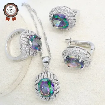 Silver Color Jewelry Set for Women Rainbow Cubic Zirconia Hoop Earrings Necklace Pendant Ring Party Birthday Gift