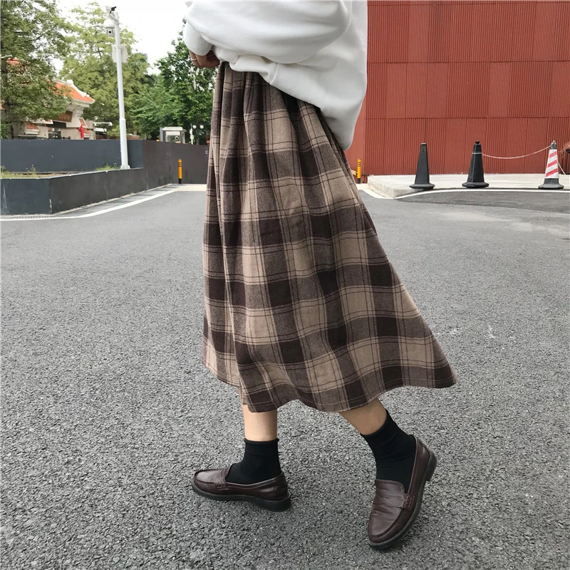 Японский консервативный стиль осень зима для женщин миди юбка Винтаж плед Высокая талия Jupe Femme элегантный корейский шик хлопок длинные юбки