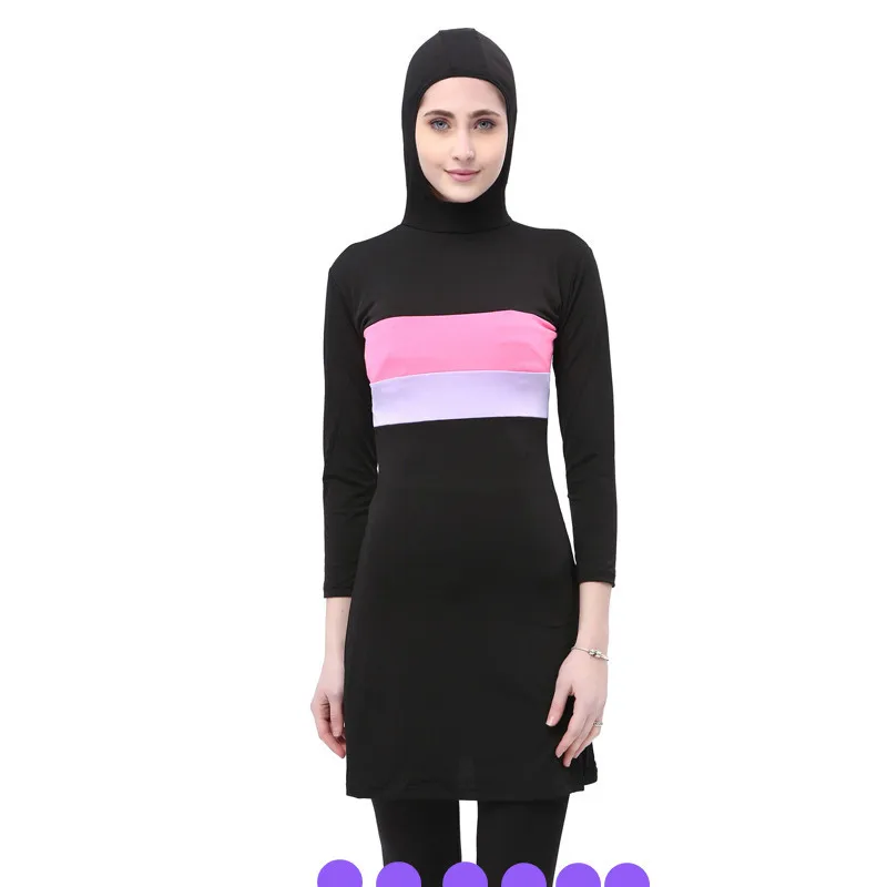 Burkinis Для женщин Мусульманский купальник с капюшоном 2 предмета в комплекте разделены Исламская пляжная одежда длинные мусульманка купальники плюс Размеры S~ 5XL - Цвет: Pink Purple