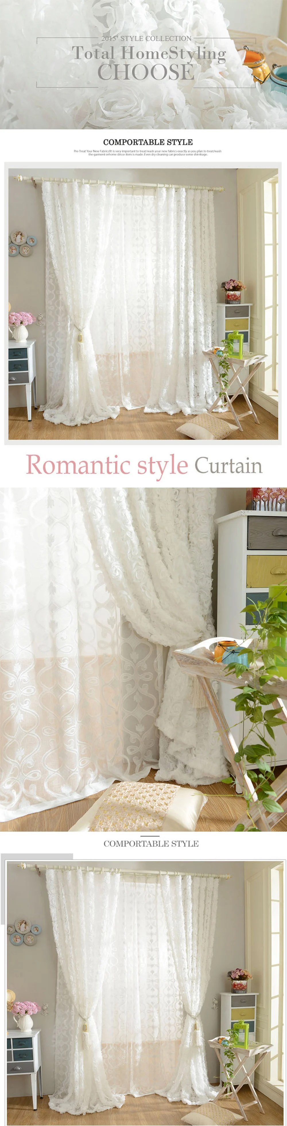 Embroidered Rose Voile Sheer White Curtains for Bedroom Wedding Party Festival Decorative Gauze Yarn French Window Tende