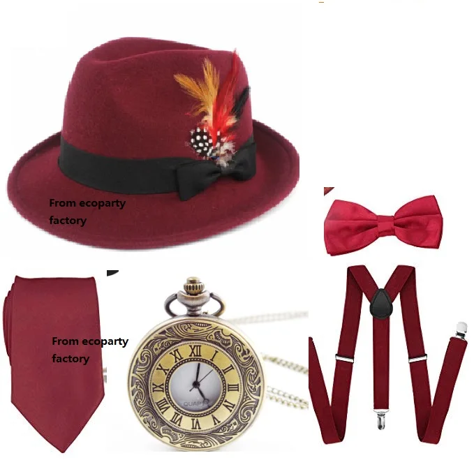 1920s мужской костюм Гэтсби аксессуары, манхэттенская фетровая шляпа с перьями, винтажные карманные часы, подтяжки, предварительно завязанный Галстук-бабочка Coldker - Цвет: Красный