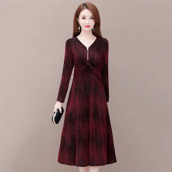 

Mom Dress Red Plus Size Korean V Neck Slim Knee-length Party Dresses 2019 New Autumn Winter Long Sleeve Vestidos Feminina CX1058