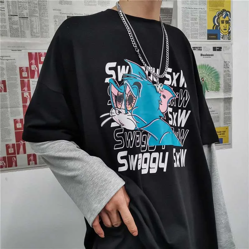 NiceMix/футболка с рисунком аниме и буквенным принтом; Осенняя уличная одежда; Поддельные 2 штуки; Лоскутная футболка с длинными рукавами; женский и мужской топ