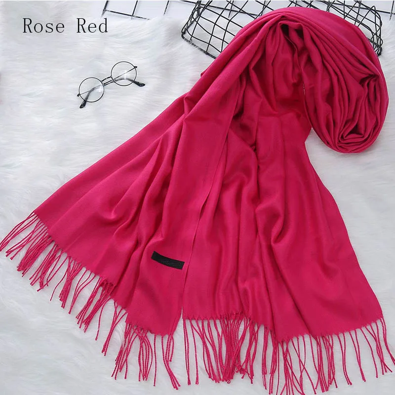 Зимний женский шарф, однотонные кашемировые шарфы, шали, зимний осенний длинный шарф, Женская шаль с хиджаб с бахромой - Цвет: Розово-красный