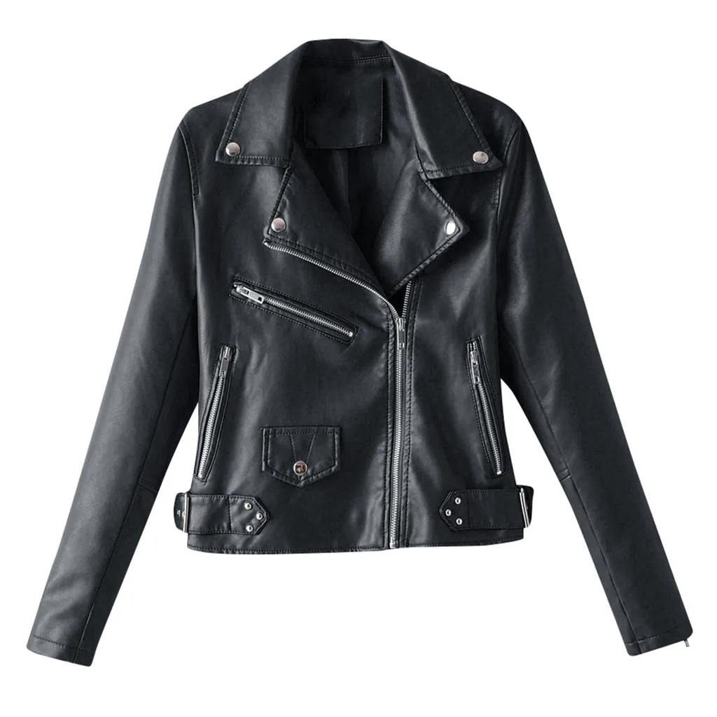 Модная Женская осенне-зимняя черная искусственная кожаная куртка с застежками-молниями, базовое пальто, байкерская куртка с отложным воротником, большие размеры S-xl# J30 - Цвет: Черный