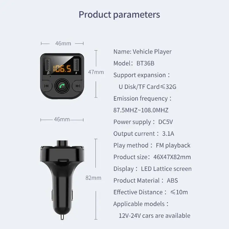 BT36B автомобильное USB зарядное устройство Bluetooth 5,0 оранжевый светодиодный экран устранение шума Функция MP3-плеер Hands-free автомобильный комплект fm-передатчик