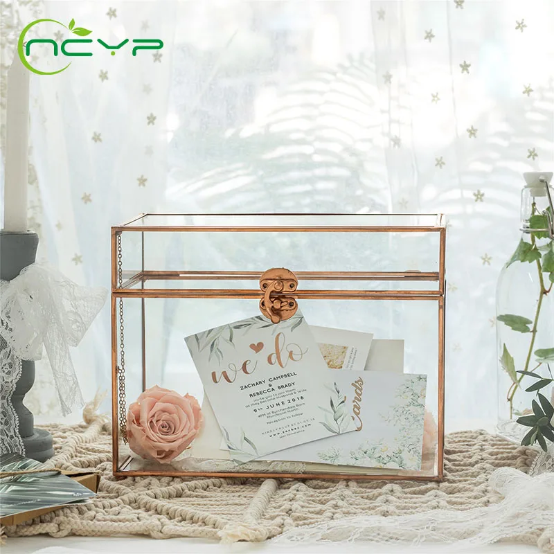 

Стеклянный террариум NCYP, коробка для карт из чистой меди, Геометрическая защелка для террариума, ручная работа, прямоугольная стеклянная коробка для свадебного приемника