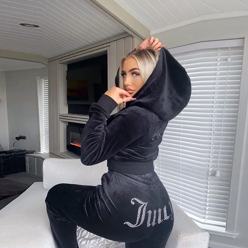 Women's Velvet Juicy Coutoure Tracksuit Tight Fitting Sweatshirt and Pants Brand Fabric Tracksuit Velour Hoodies Juicy Tracksuit blazer and trouser set