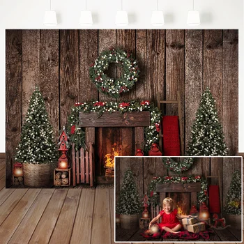 

Christmas Photography Background Christmas Tree Fireplace Wooden Board Backdrop Children Party Decorations Banner Photo Studio