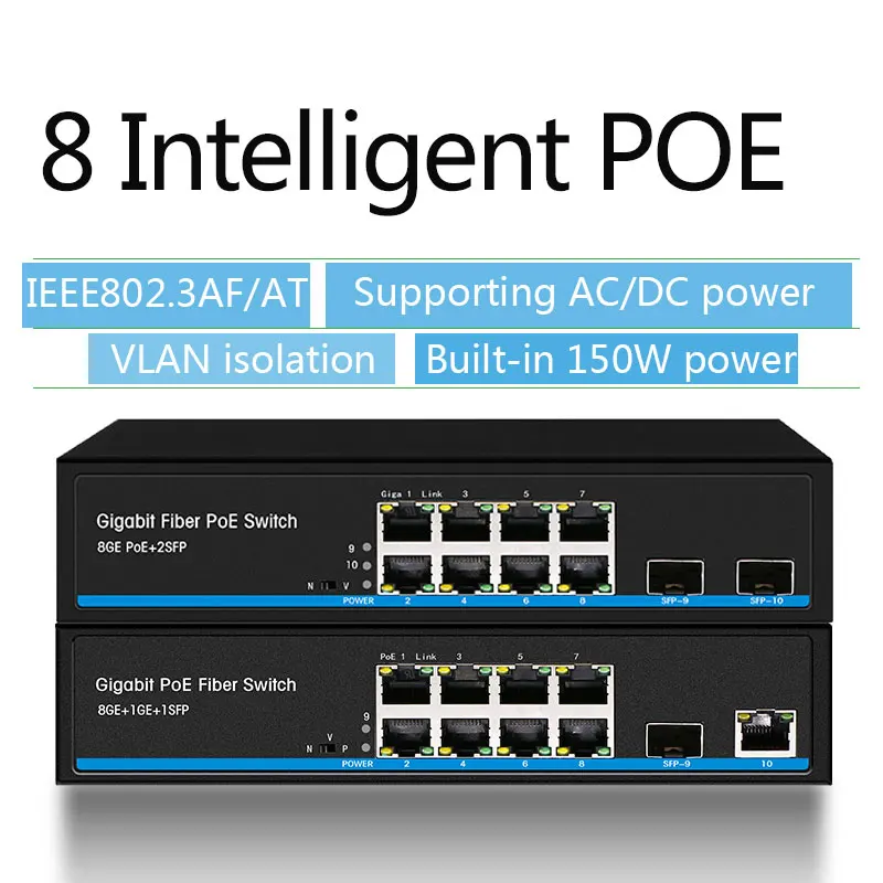 8-портовый коммутатор питания через Ethernet гигабитный коммутатор ethernet с 2 SFP поддержка ip-камер и Беспроводной AP 10/100/1000 Мбит сетевой коммутатор