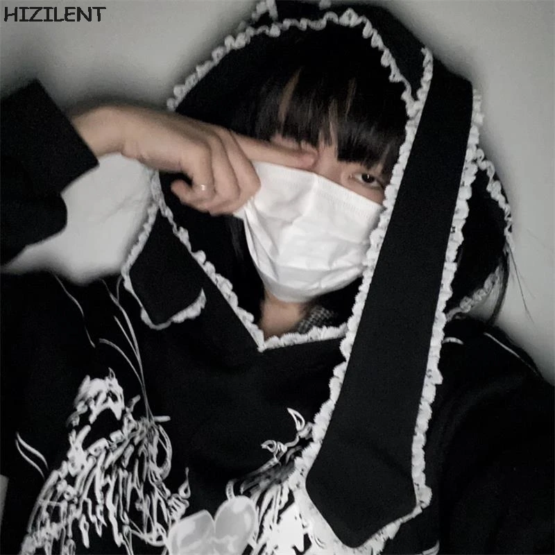 Lace Rabbit hat sweatshirt harajuku Graphics print Y2K O-neck 2021 spring plus size hoodies grunge clothes Punk Oversized hoodie | Женская