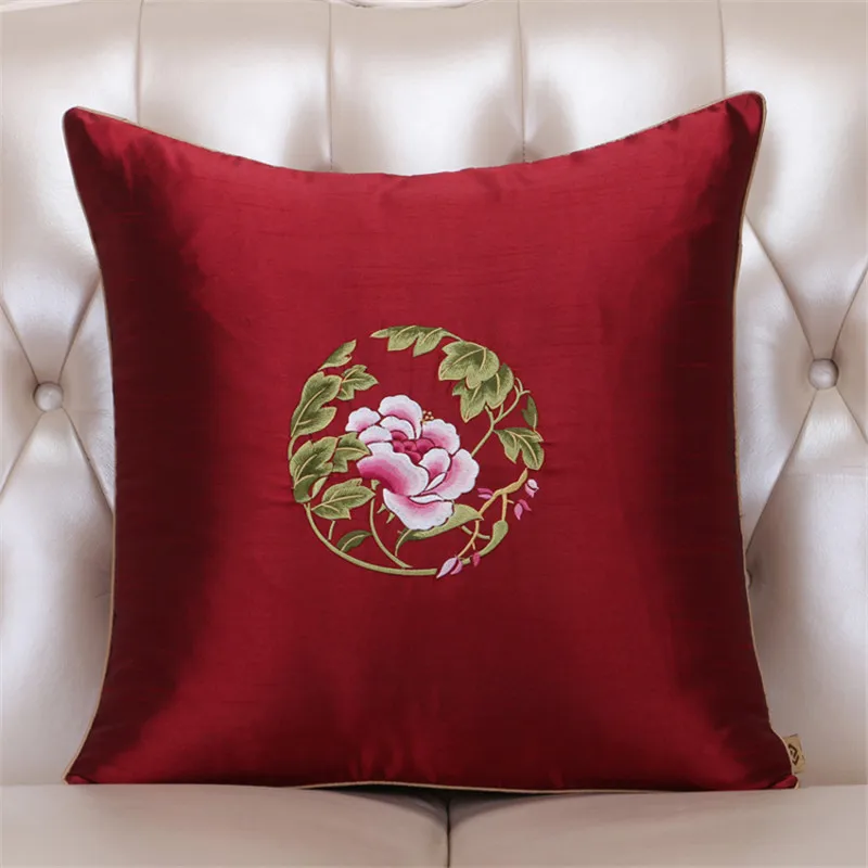 

Peony Embroidery Cushion Cover New Chinese Style Wine Red Soft Throw Pillowcase Decoration for Living Room Sofa Pillow Cover