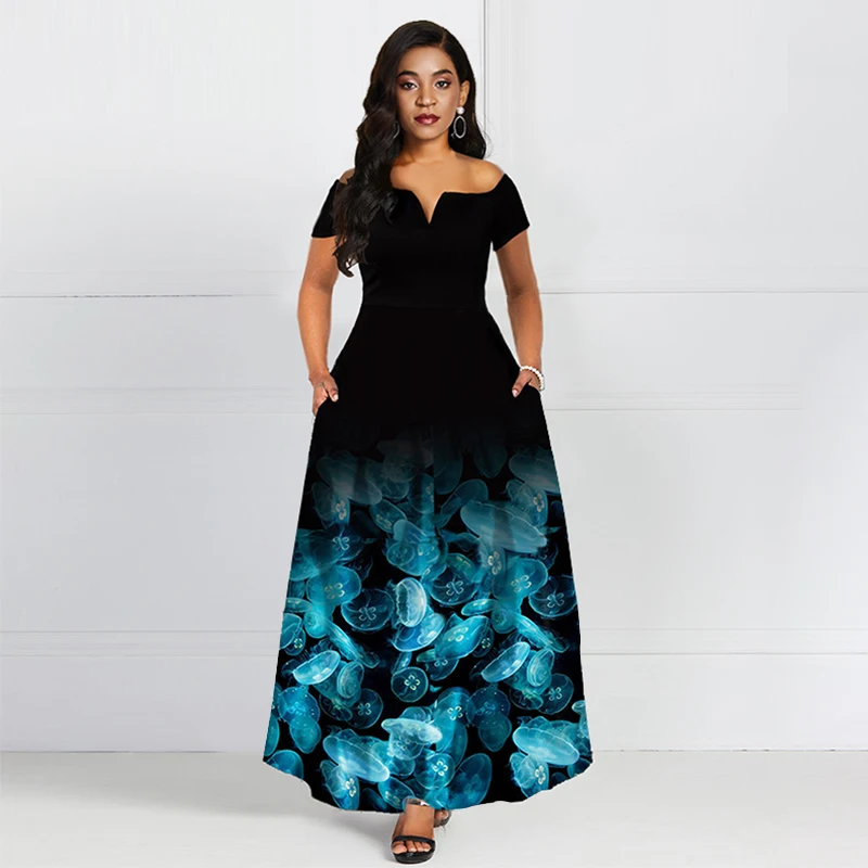 

Blue Off The Shoulder Short Sleeves Floral Print Elegant Evening Dress A Line High Zipper Party Formal Women Evening Dresses