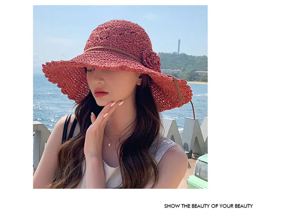 2021 di MODO di Estate delle Nuove Donne di Sun Benna berretto di pizzo beige Bowknot Fiori Nastro Piatto top Panama morbido Cappello di Paglia spiaggia_voghion.com