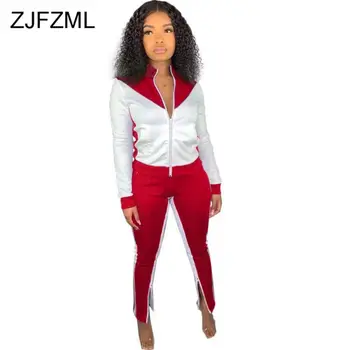 

Plus Size Color Block Two Piece Set Women Rave Festival Clothes Zipper Up Long Sleeve Jacket + Pencil Pant Sportswear Tracksuit