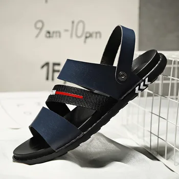 

Popular 2020 Men Casual Beach Sandals Summer Designer Slippers Man Black Blue Men Pu Leather Slippers Fashion Youth Casual Shoes