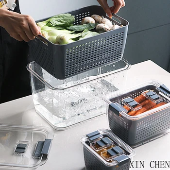 

Kitchen Drain Storage Containers Plastic Fresh-Keeping Box Refrigerator Fruit Vegetable Drain Crisper Kitchen Storage Box