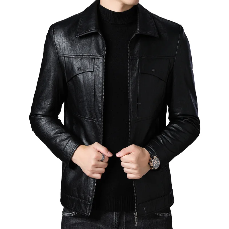 

2019 Men's PU Leather Jacket Winter Casual Solid Color Zipper Long Sleeve Slim Fit Jacket Stand Collar Coat Tops Men Coats S-3XL