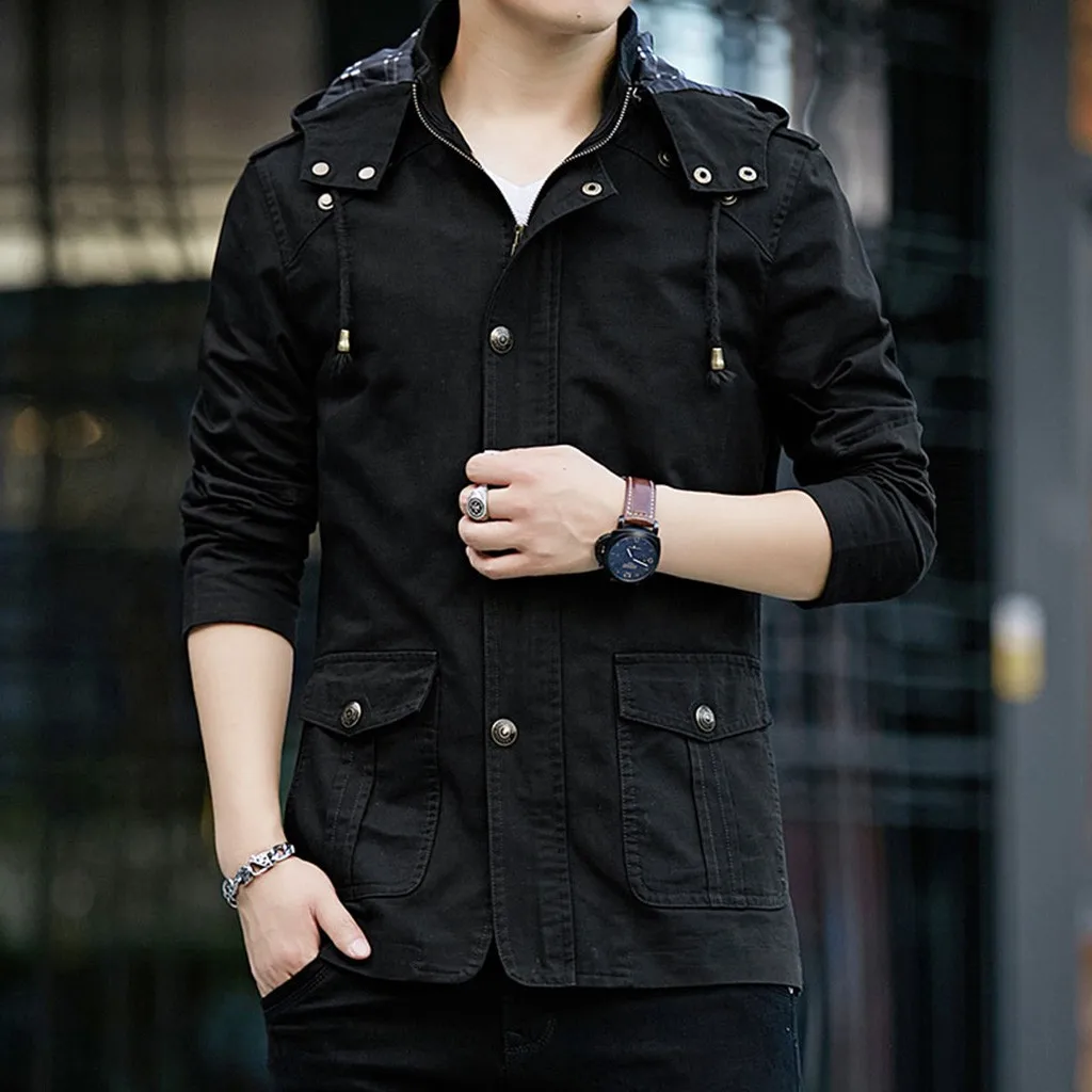 

Military Jacket Men Autumn Winter Casual Hooded Pure Color Button Outwear Bomber Zipper Casual Jacket Coat Tops Chaqueta Hombre