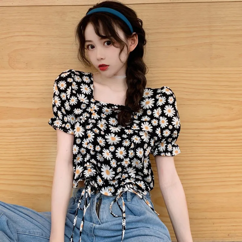 

Women Summer Sweet Casual Blouse Harajuku Floral Print Square Collar Blouse Drawstring Square Collar Short Shirt