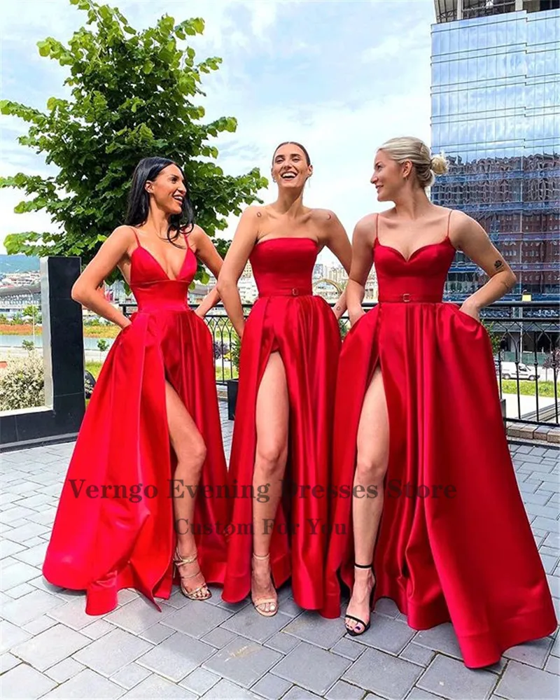 Verngo New Red Satin Long Bridesmaid Dresses Simple Wedding Party Gowns With Pockets Slit Mixed Style Maid Of Honor Dress