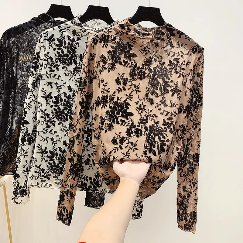 

Fall Winter Mesh Blusas Woman 2019 New Retro Velvet Flocking Flowers Slim Long Sleeve Jacket Mesh Perspective Slim Shirt Pull