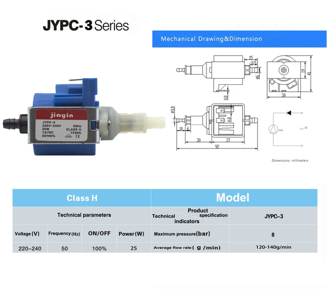Pompe Eau électromagnétique JIAYIN JYPC-2 - 220-240V 16W - Température Fluide 60°C - Installation Canule