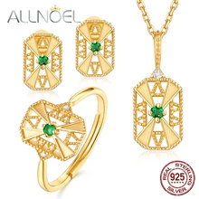 ALLNOEL, настоящее Серебро S925 пробы, изумруд, ювелирное изделие с цирконием, Золотое кольцо, ожерелье, серьги, ювелирные наборы для женщин
