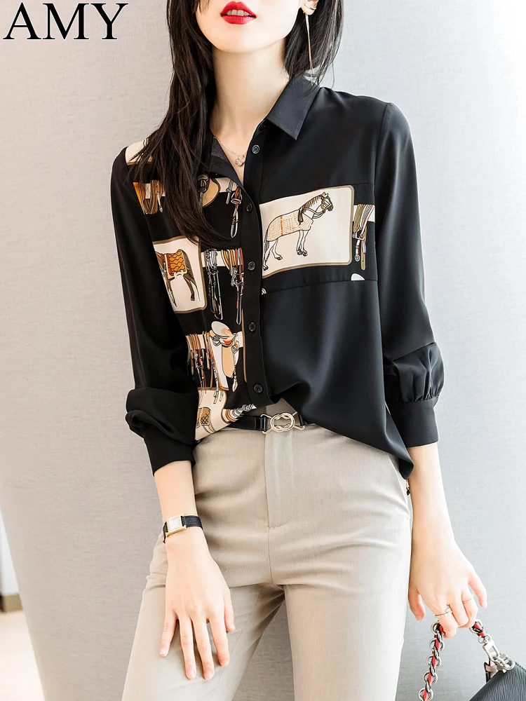 Camisa de manga larga de las mujeres Las mujeres blusa grande suelto ropa de mujer madura de 2021 de moda de primavera negro Delgado blusas de raso camisa