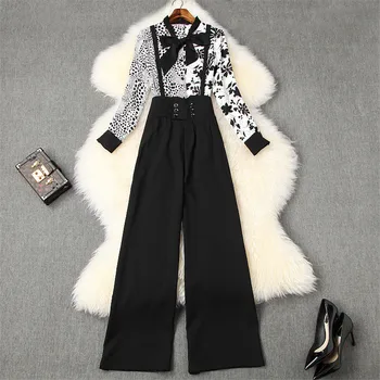 

High Street Fashion Women Pants 2Piece Set Spring 2020 New Office Lady Outfits Floral Print Chiffon Blouse and Pants Suit Sets