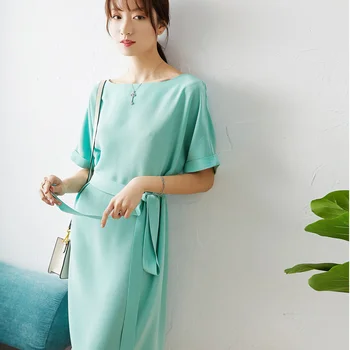 

New acid short sleeve dress women 2020 summer solid color straight neck medium temperament fashion ol