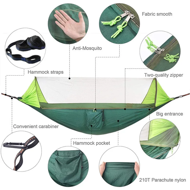 Camping Hammock with Net, Double Parachute Hammock That Holds 500 Lbs Super Lightweight Nylon Hammock for Camping Travel Hiking