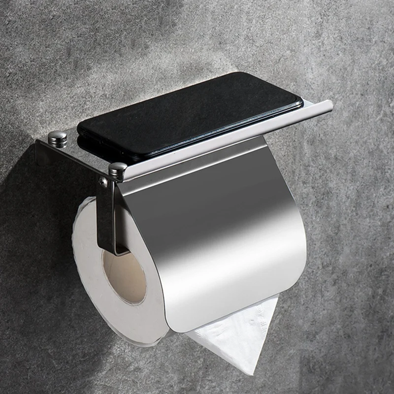 Modern Stainless Steel Wall Mount Toilet Paper Holder with Phone Shelf Roll Paper Holder Bathroom Fixture Bathroom