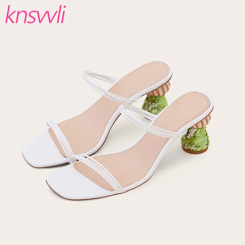 

Narrow band Sequins Heels Slippers Women Suede Leather Mules Shoes Woman Strange Style High Heel Bling Gladiator Sandals Women