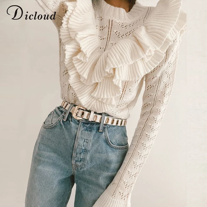 DICLOUD Ruffled Trim Knitted Jumper White Women Autumn Winter Hollow Out Sweater Flared Sleeve 2020 Fashion Pullover Ladies | Женская