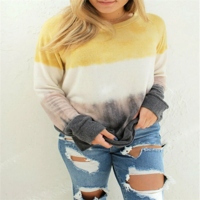 

Gradient Casual Womens T-Shirt Long Sleeve Sweatshirt Sweater Ladies Jumper Pullover Winter Warm Loose Daliy O-Neck Tees Plus