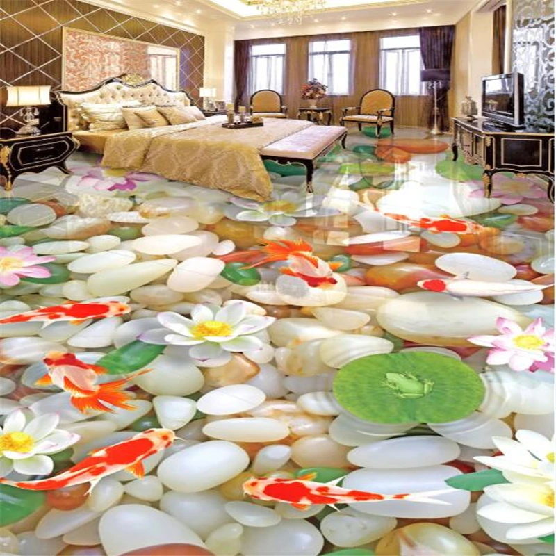 

Custom Pebbles 3D lotus carp flooring Living Room Bathroom Floor Mural Paintings Self-adhesive Wallpaper 3d flooring BEIBEHANG