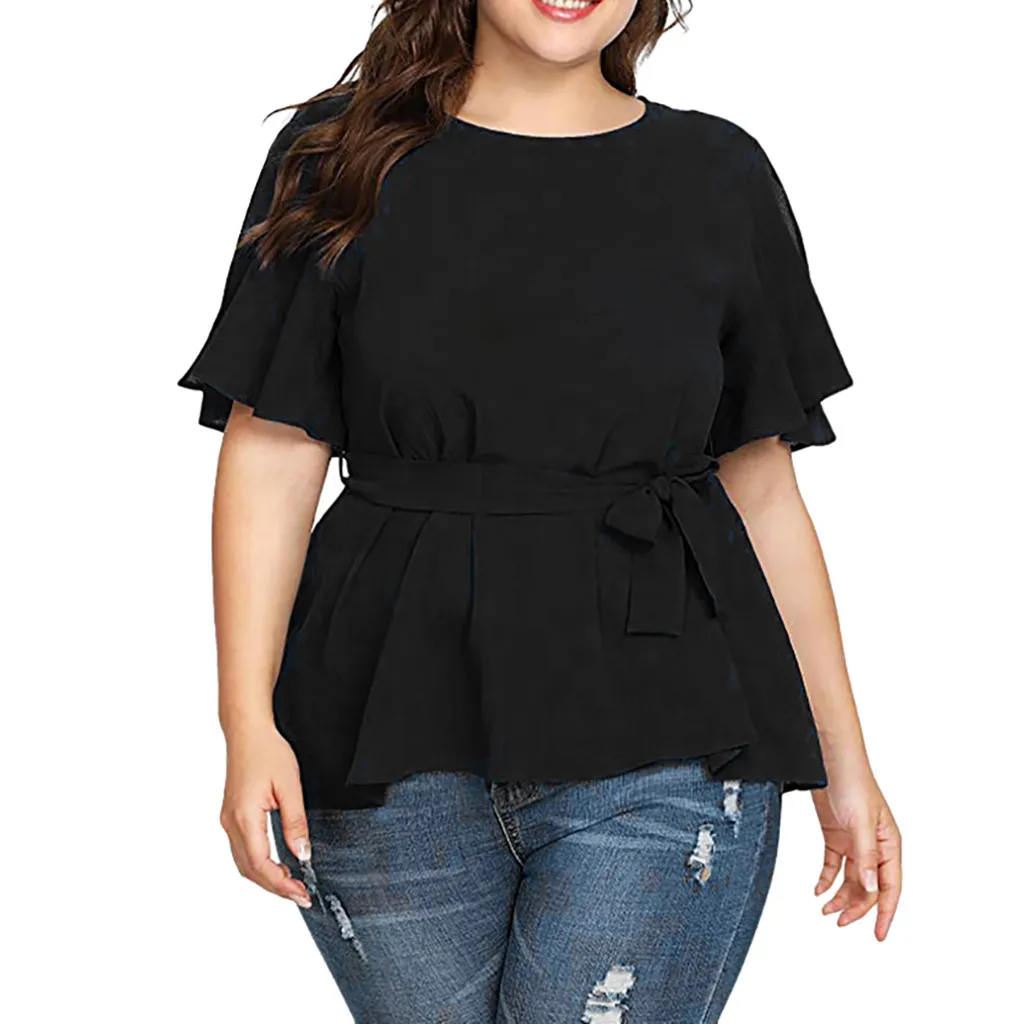 Blusa holgada informal de talla grande para mujer, camisa de manga corta sólido corto con nudo y cinturón, estilo bohemio, A20