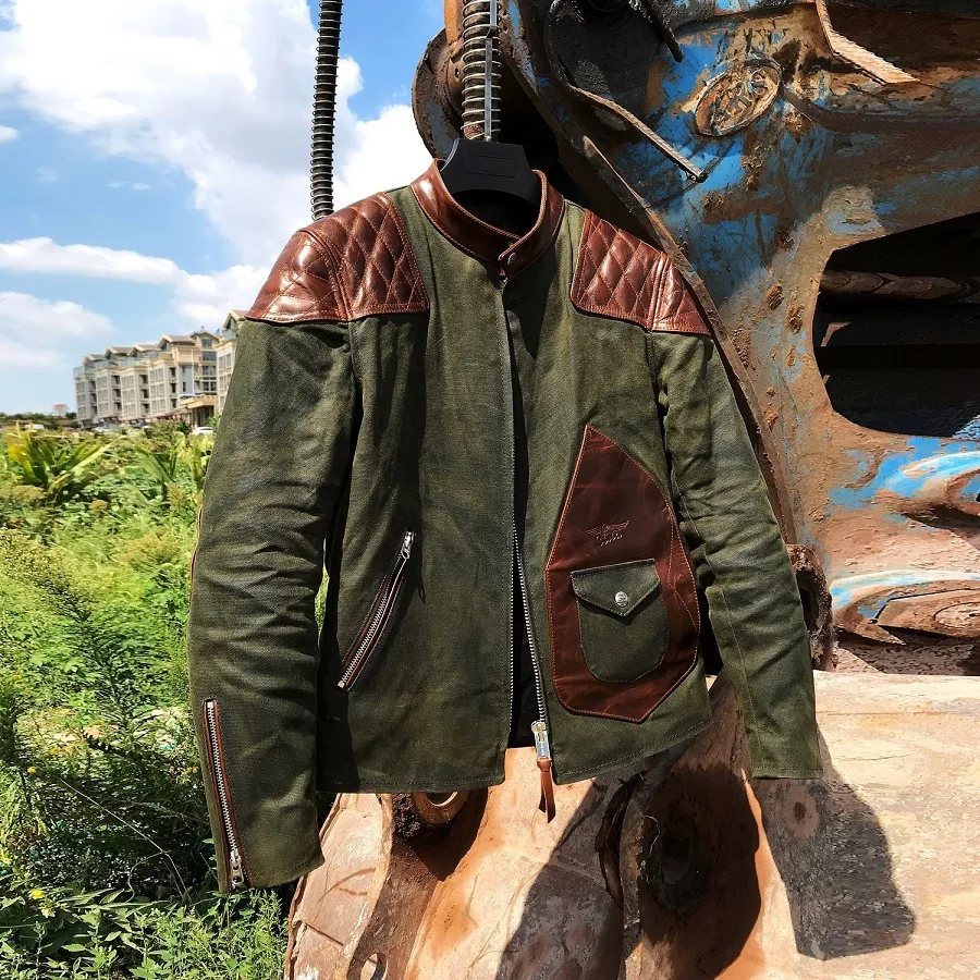 

Free shipping.popular mens genuine leather Jacket,Us vintage Heavy wax canvas jacket stitching cowhide.quality.thick hard