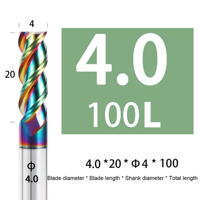 Colorful End Mill Aluminium HRC55 3F Milling Cutter Acrylic Wood Copper Plastic Cutting Tool CNC Maching Milling Tools Endmils 4X20XD4X100L