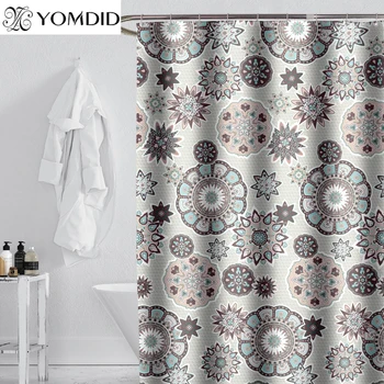 

Geometric Flower Printed Waterproof Polyester Shower Curtain Elegant Polyester Shower Curtains with 12 Hooks Shower Curtains