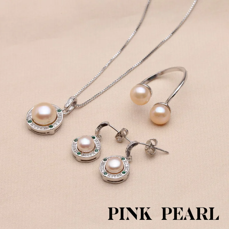 Pink pearl set Настоящий природный жемчуг набор женщин, Свадебный пресноводный жемчуг ожерелье серьги набор подарок для помолвки - Цвет камня: Pink pearl set