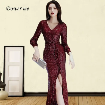 

Shining Sequin Robe De Soiree GK062 Burgundy Mermaid Evening Dress 2020 V-Neck Long Sleeve Women Party Dresses Slit Long Gowns